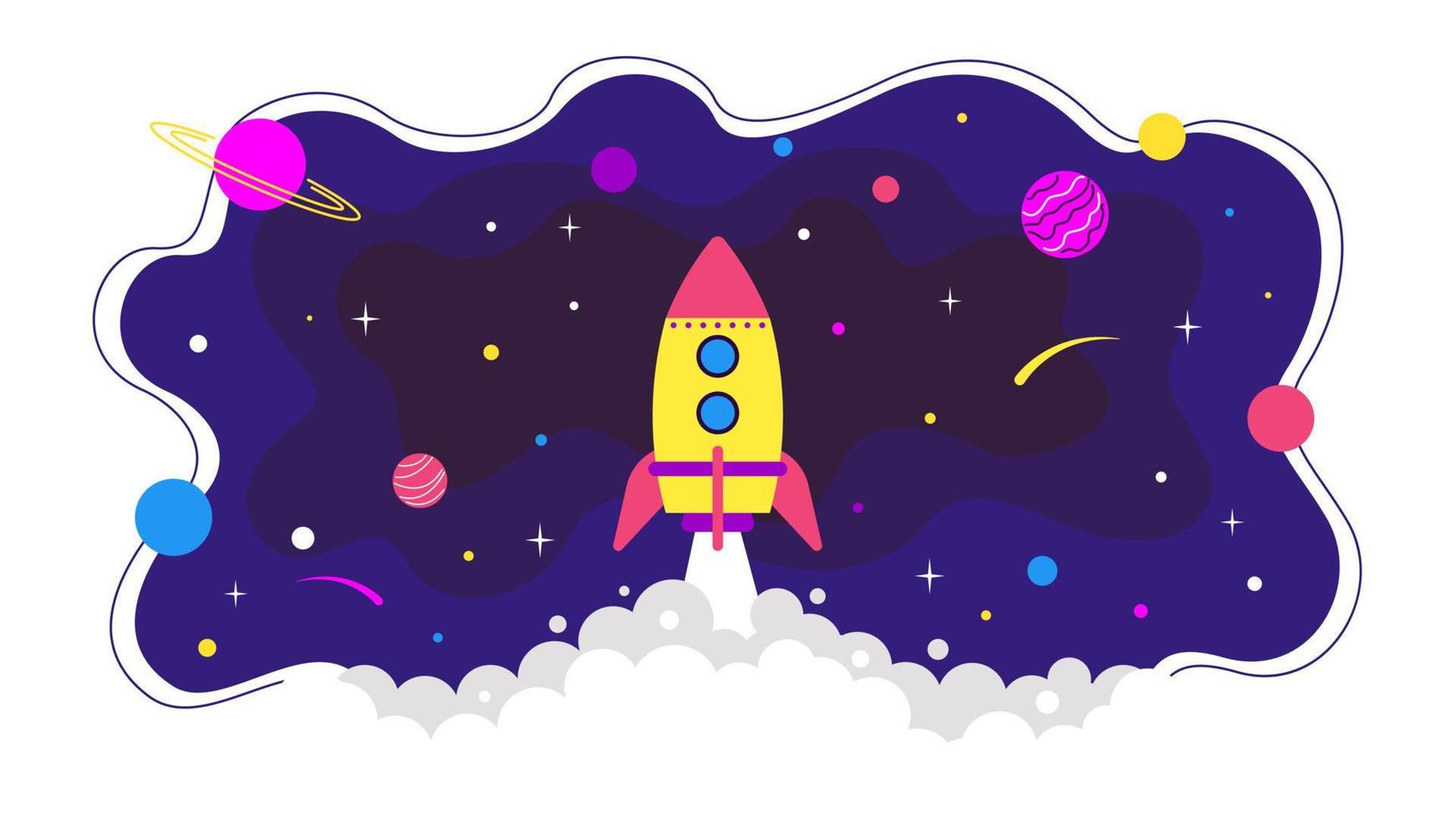 Rocket takeoff on the background of outer space. Startup concept. Cosmonautics Day. Vector stock illustration in flat style.