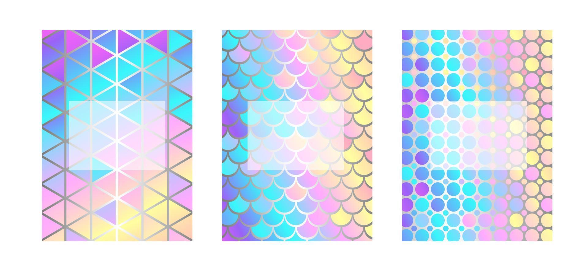 Set of abstract holographic geometric cover templates with copy space.Triangles, circles and scales.Vector stock illustration. vector