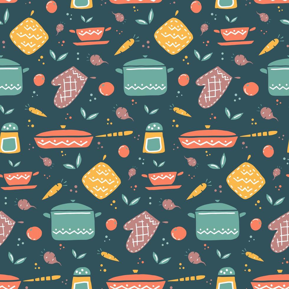 Kitchen utensils hand drawing seamless pattern. Utensils for cooking, vegetables, oven mitts. Vector stock illustration.