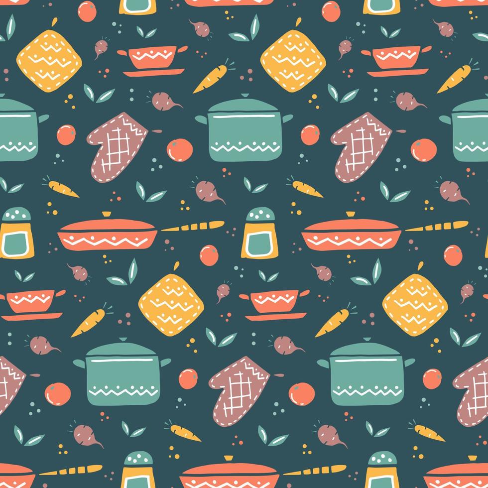 Kitchen utensils hand drawing seamless pattern. Utensils for cooking, vegetables, oven mitts. Vector stock illustration.