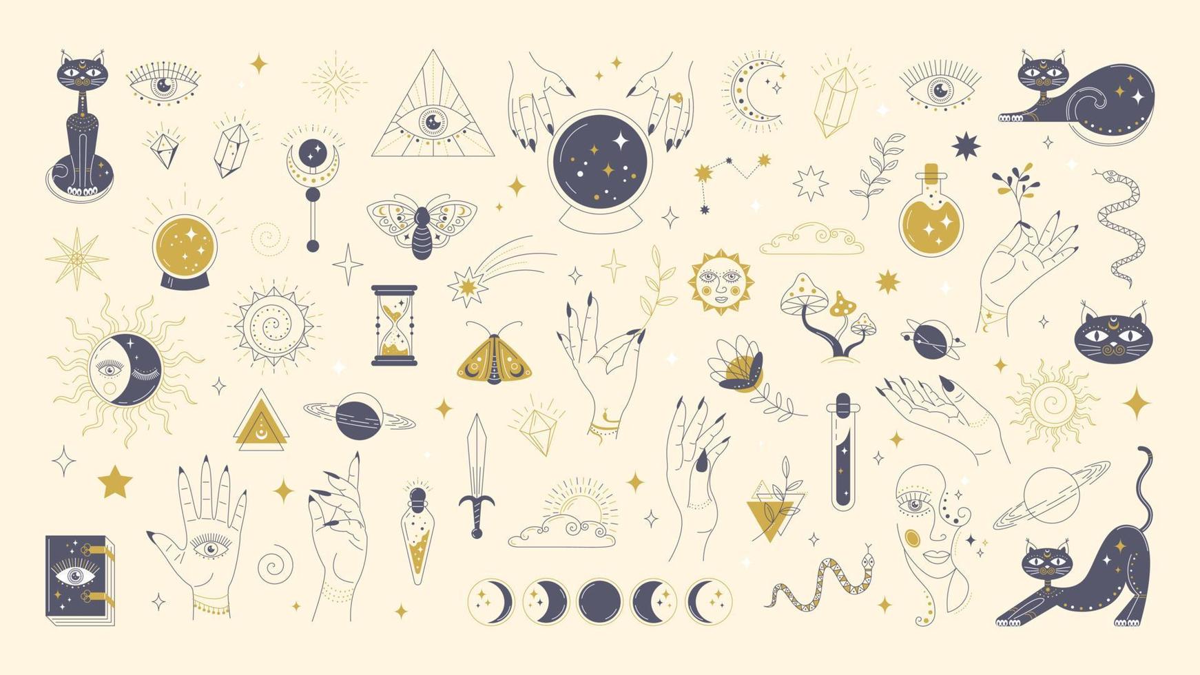 Linear collection of mystical magical elements for design. Stock vector illustration.