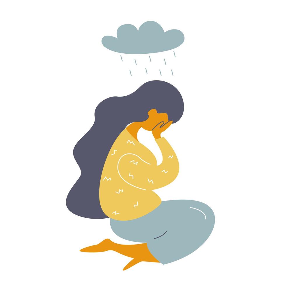 The woman sits on her knees and covers her face with her hands. The concept of depression, sadness, psychological problems. Vector stock illustration in flat style.