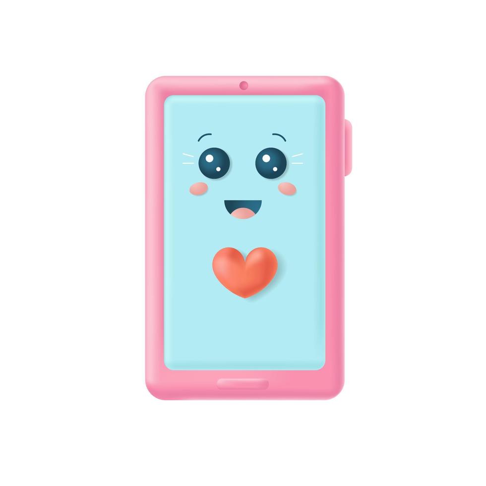 Cartoon cute pink 3d smartphone with face emotion.Kawaii.Vector stock illustration. vector