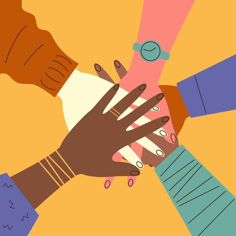 Hands of people of different nationalities together top view. Diversity concept. Vector stock illustration in flat style.