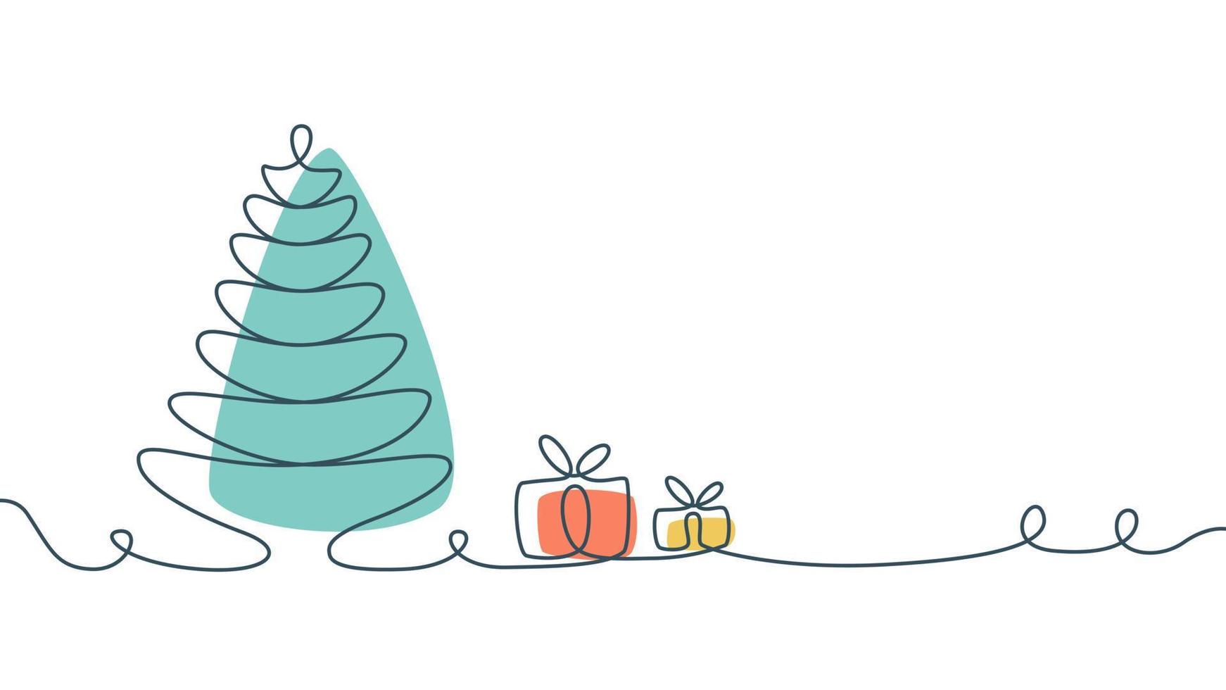 Christmas tree and gifts in one line art style with color spot. New Year and Christmas banner design with copy space. Stock vector illustration.