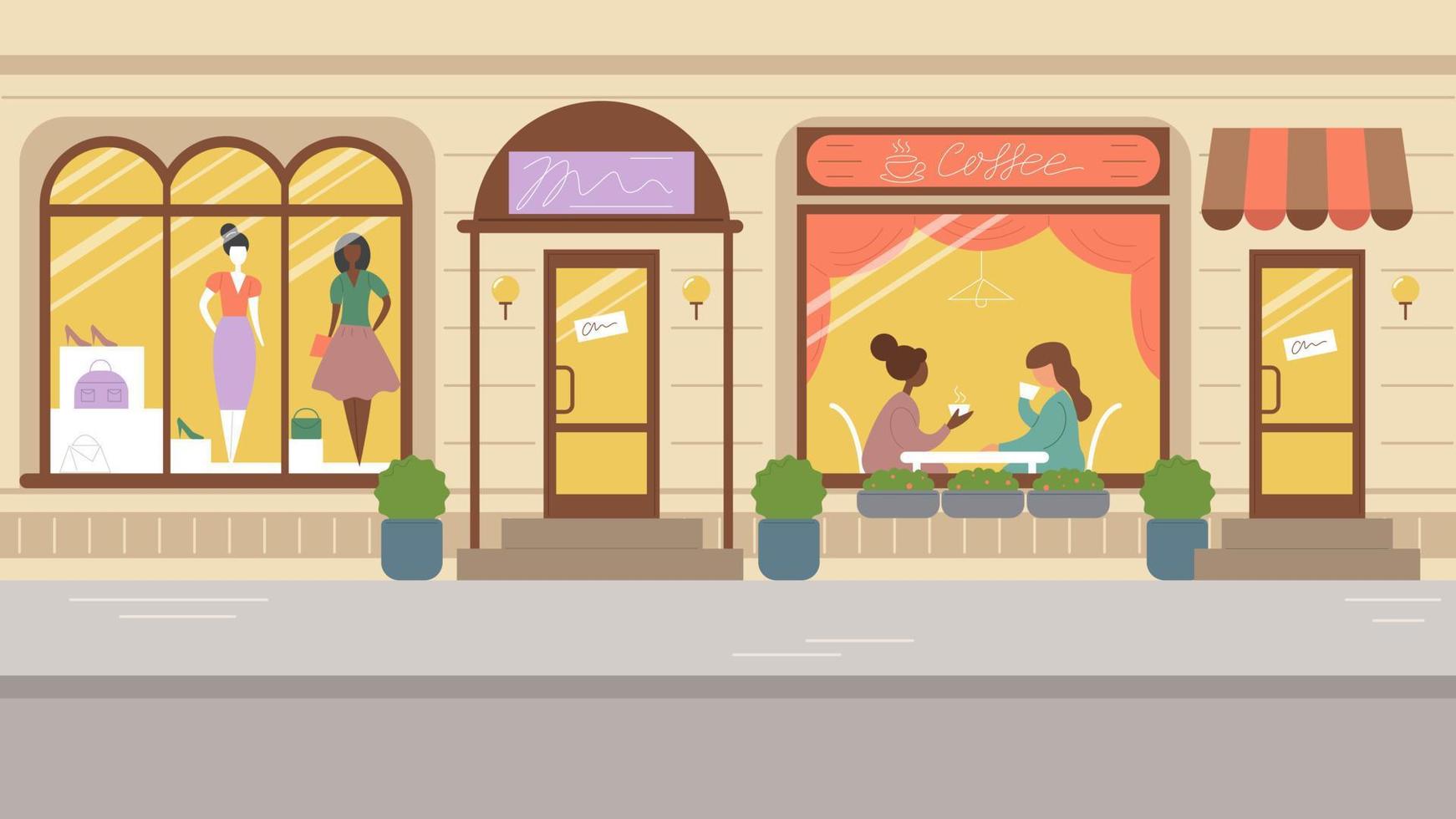 calle de la ciudad, fachada de edificio con escaparates y cafeterías. ilustración vectorial de stock en estilo plano. vector