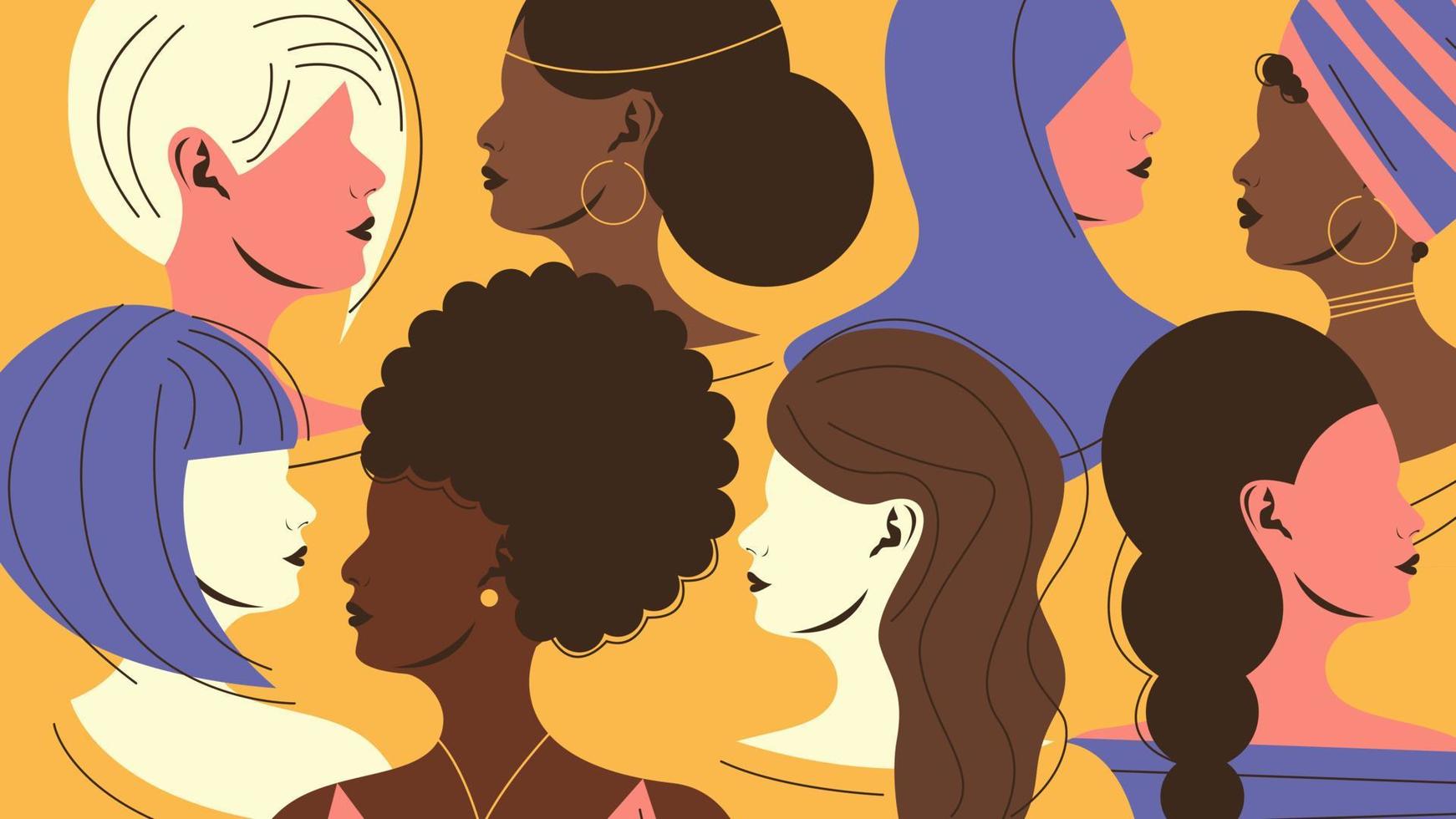 un grupo de mujeres de diferentes nacionalidades. concepto de diversidad. ilustración de stock vectorial en estilo plano. vector