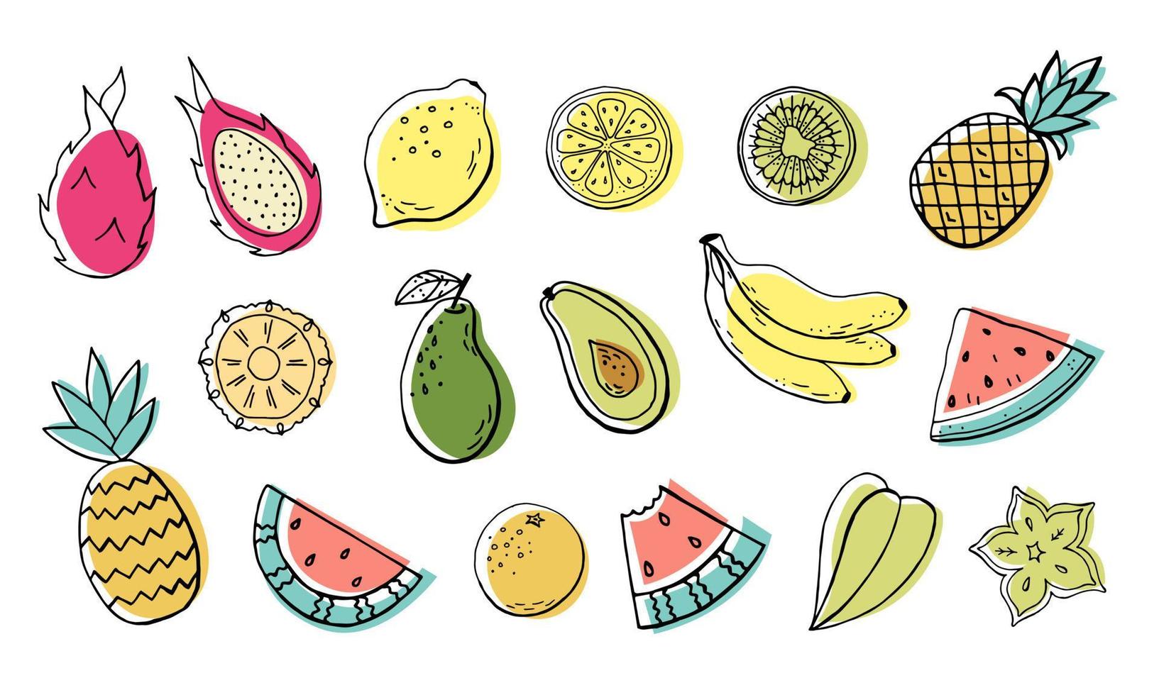 conjunto de bocetos de dibujo a mano de frutas tropicales en estilo garabato aislado sobre fondo blanco. ilustración vectorial de acciones. vector