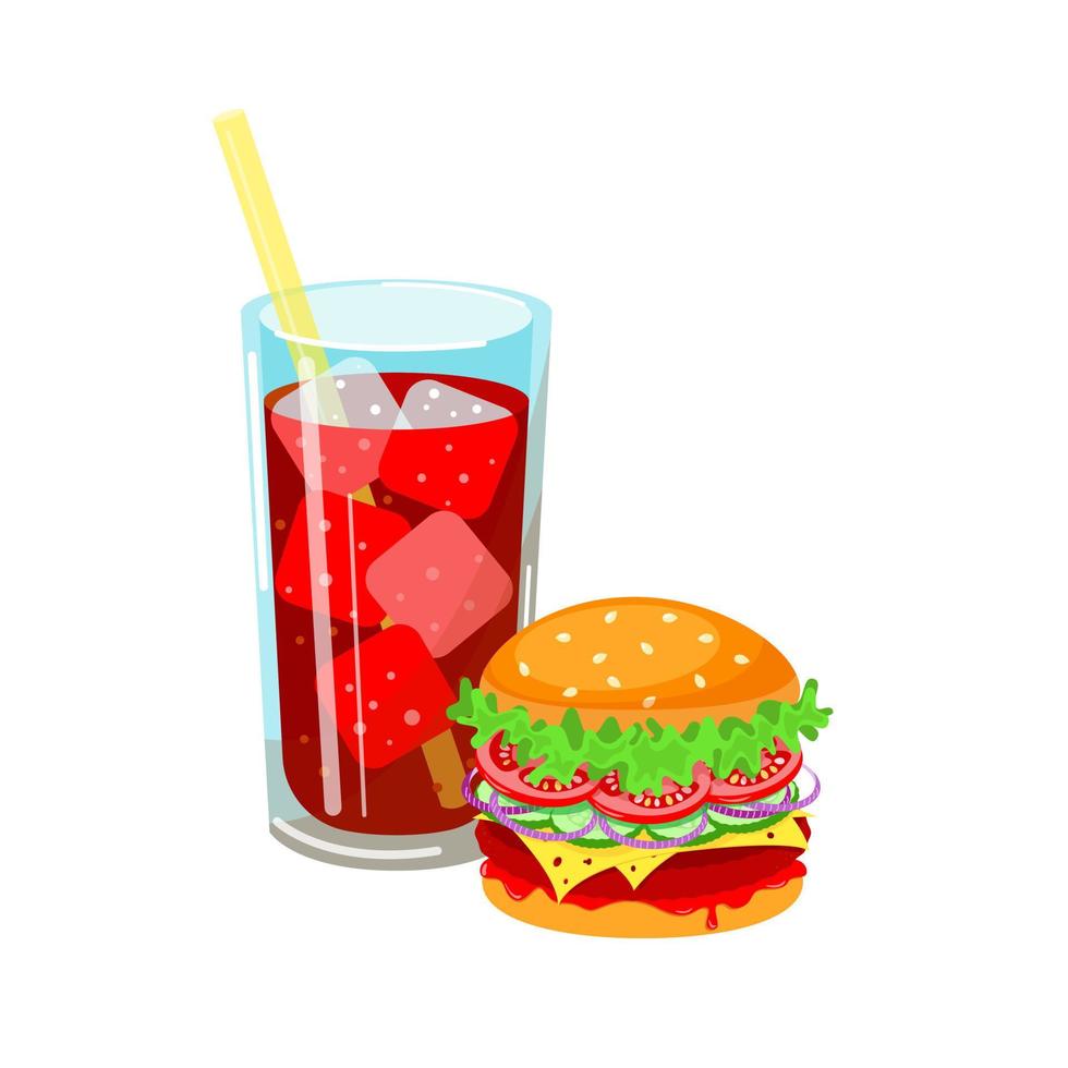 Soda de hielo y sándwich de hamburguesa comida rápida aislado sobre fondo blanco. ilustración de stock vectorial. vector