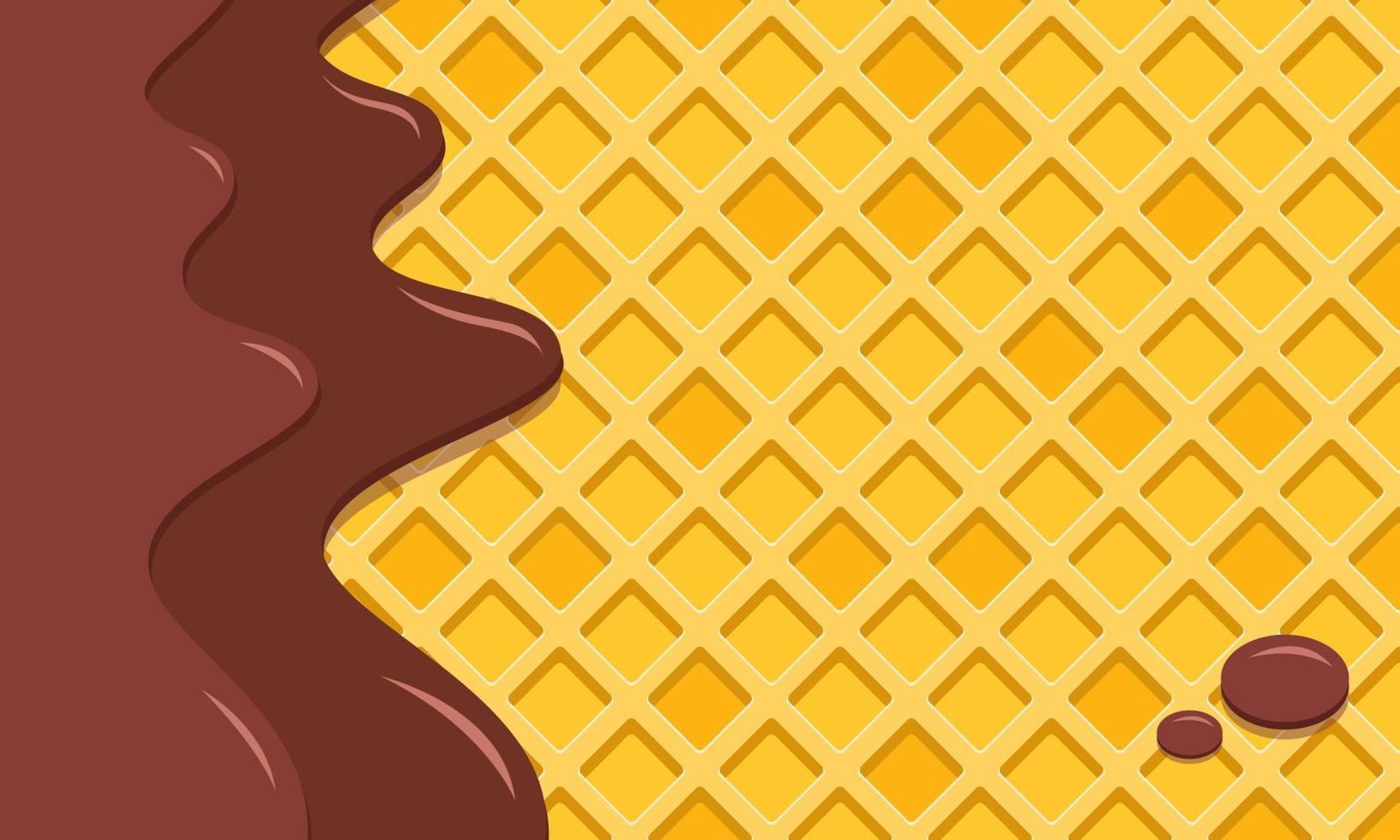 Liquid brown cream or chocolate drips over the waffle. Background with copy space. Packaging design, banner. Stock vector illustration.