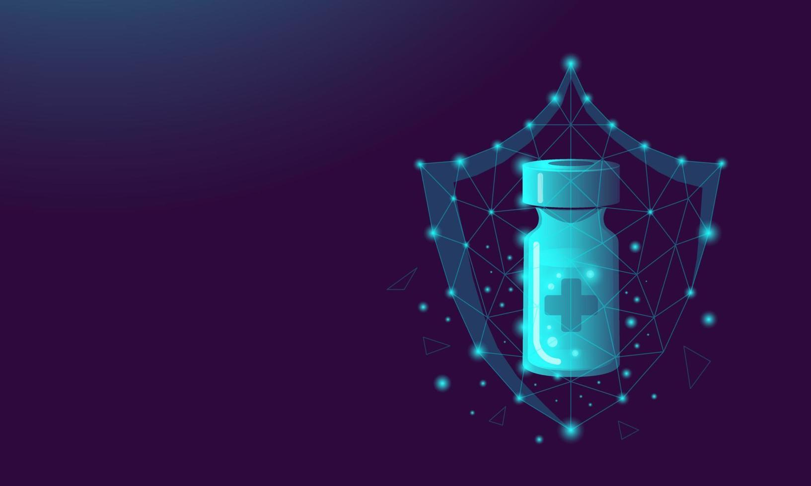 Vaccine and shield on dark background in neon low poly style. The concept of creating a medicine, saving and protecting humanity from the virus. Vector stock illustration.