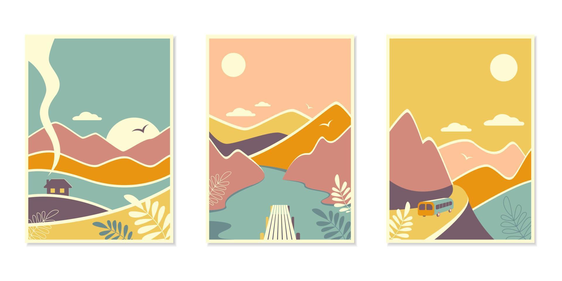 conjunto de fondos abstractos naturaleza y paisaje de montaña en colores terrosos. concepto de viaje.diseño para volante, póster, folleto publicitario, tarjeta de felicitación y pancarta. ilustración de stock vectorial. vector