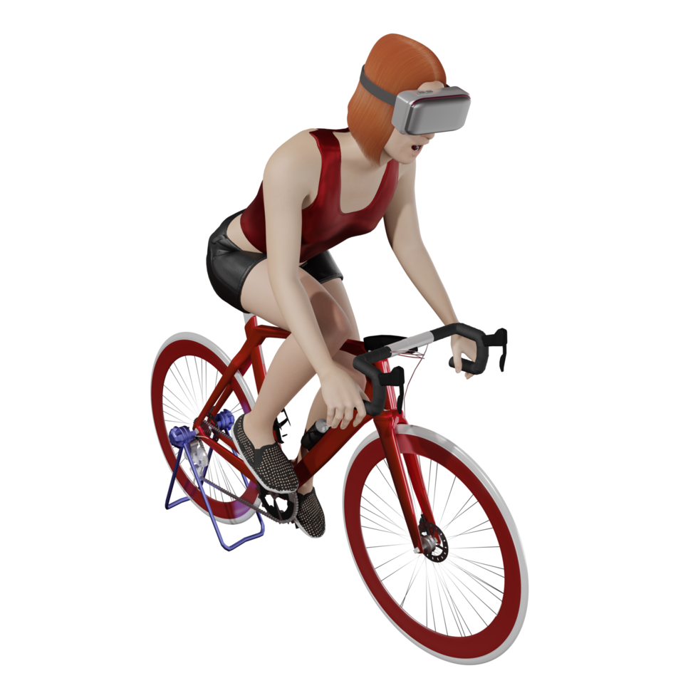 woman wearing VR glasses cycling simulator 3d illustration png