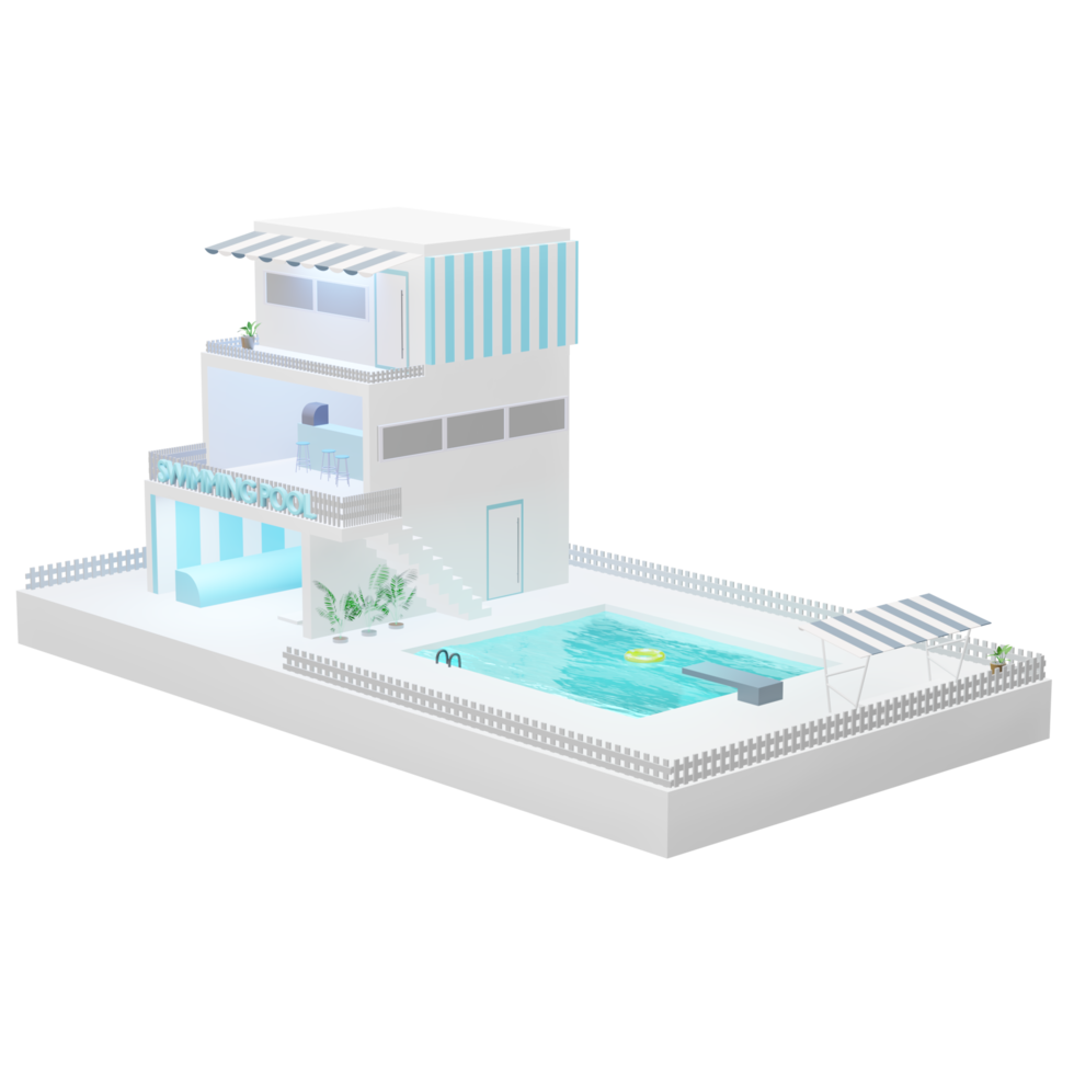 simulated swimming pool three storey building cartoon model pastel blue 3d illustration png