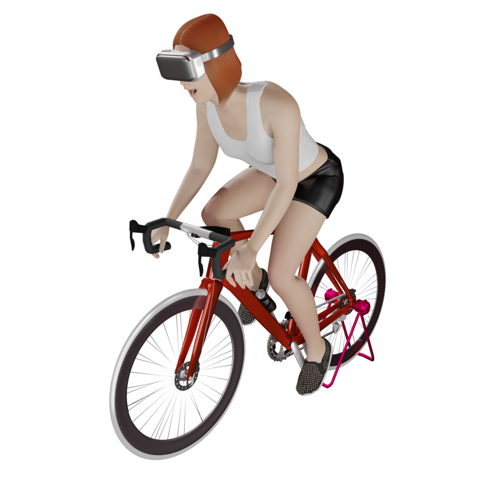 woman wearing VR glasses cycling simulator 3d illustration png