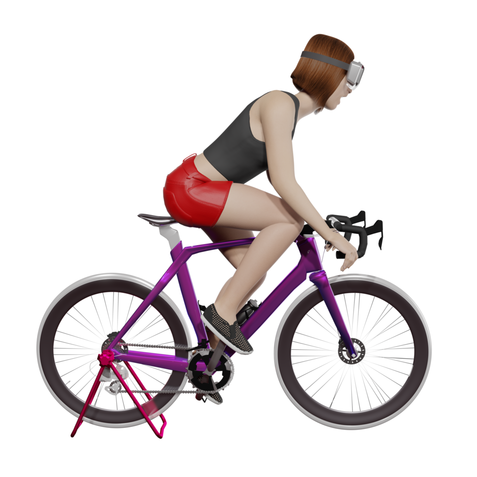 mujer con gafas vr simulador de ciclismo ilustración 3d png