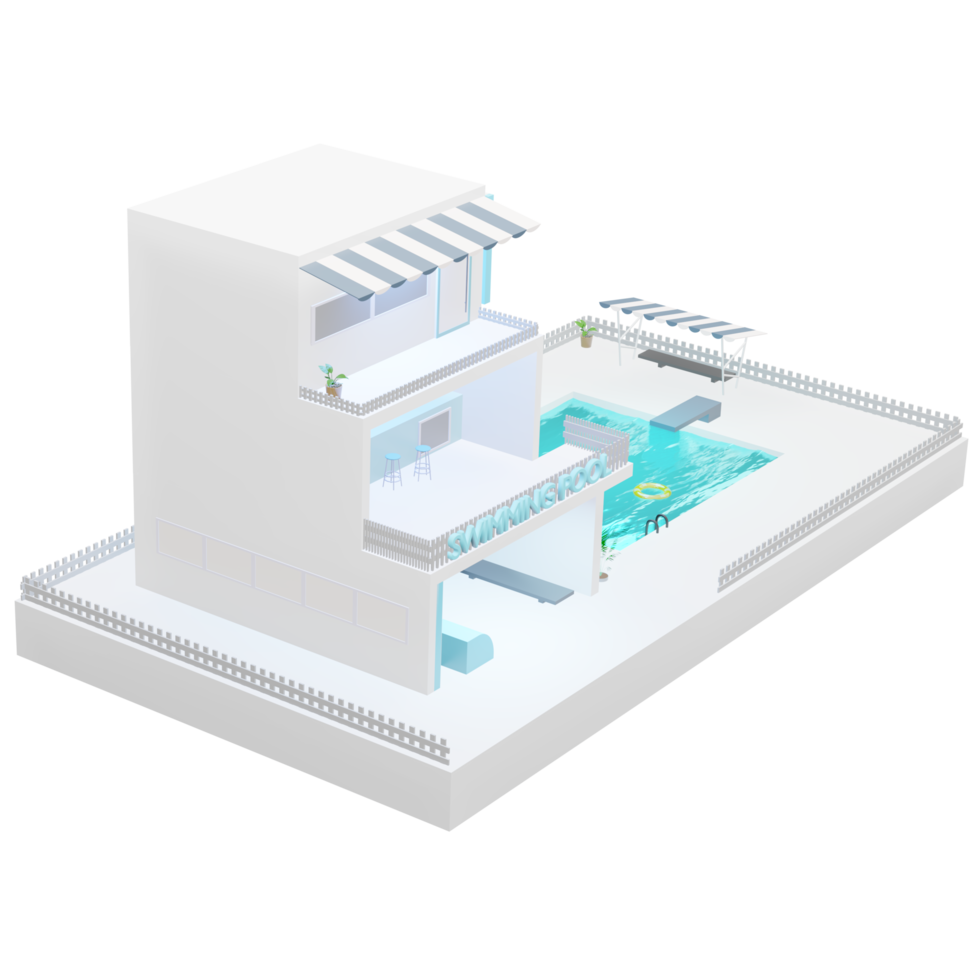 simuliertes Schwimmbad dreistöckiges Gebäude Cartoon-Modell Pastellblau 3D-Darstellung png