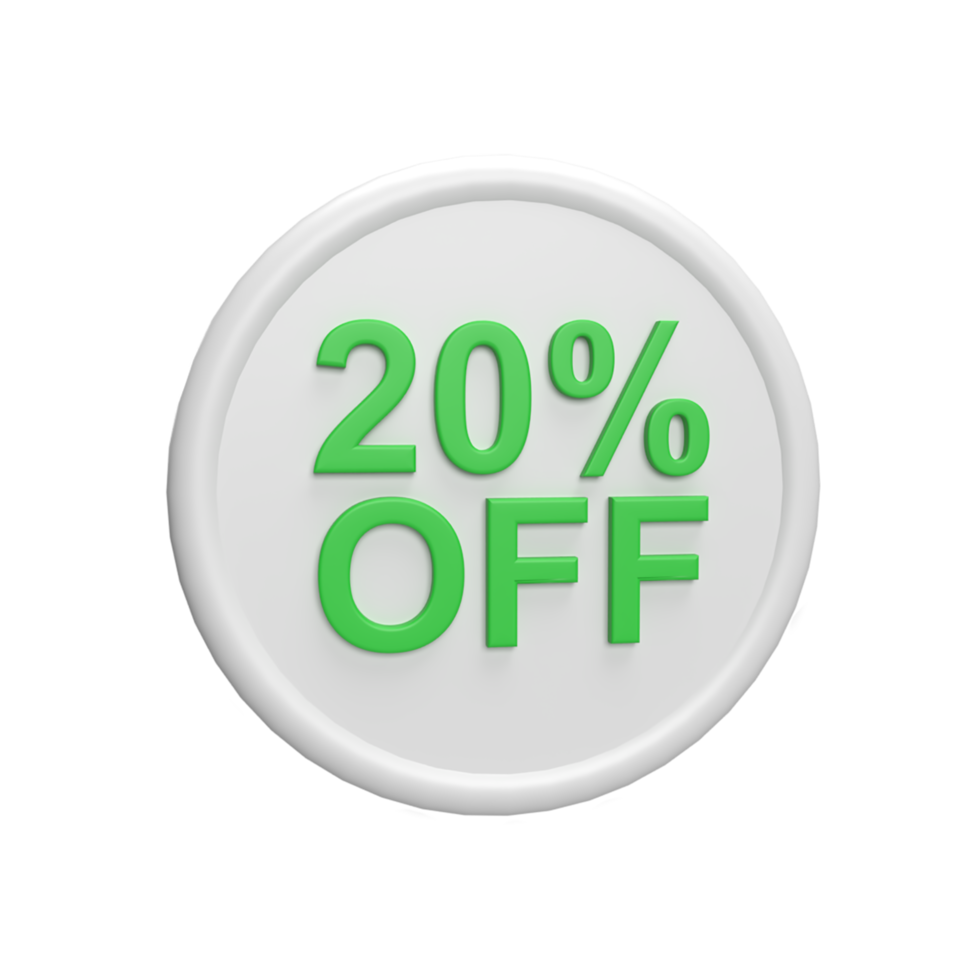 Discount 20 percent badge 3d icon model cartoon style concept. render illustration png