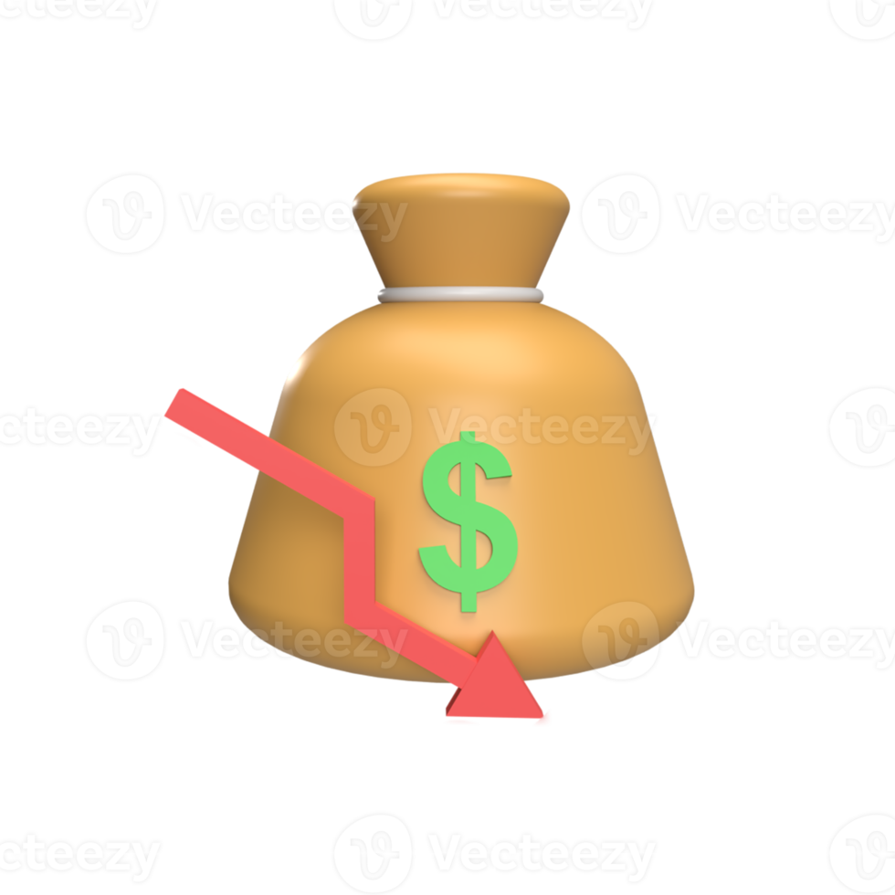 Money sack with down arrows 3d icon model cartoon style concept. render illustration png