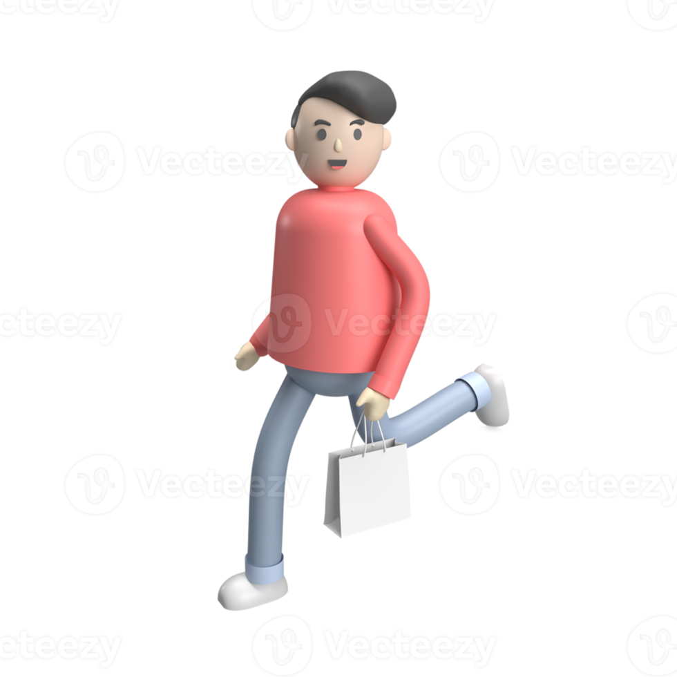 3D man carrying shopping bag. render object png