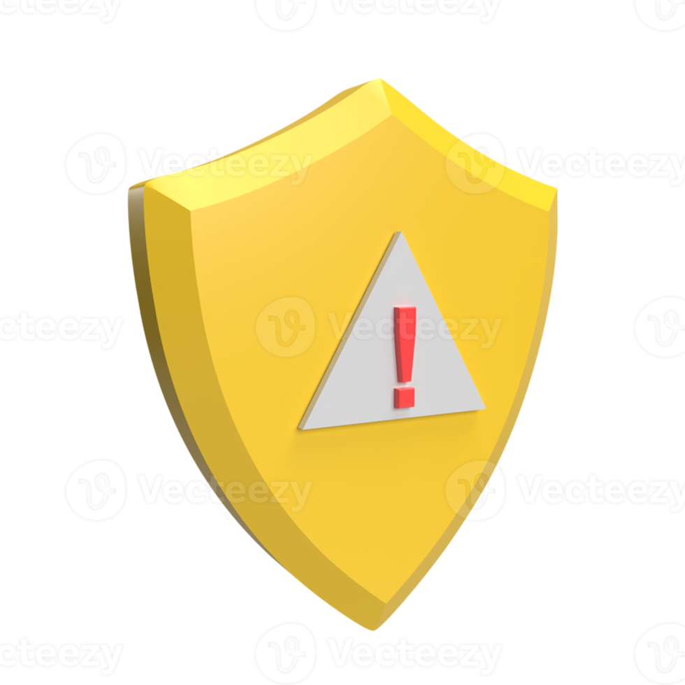 3D shield with exclamation mark. render object png