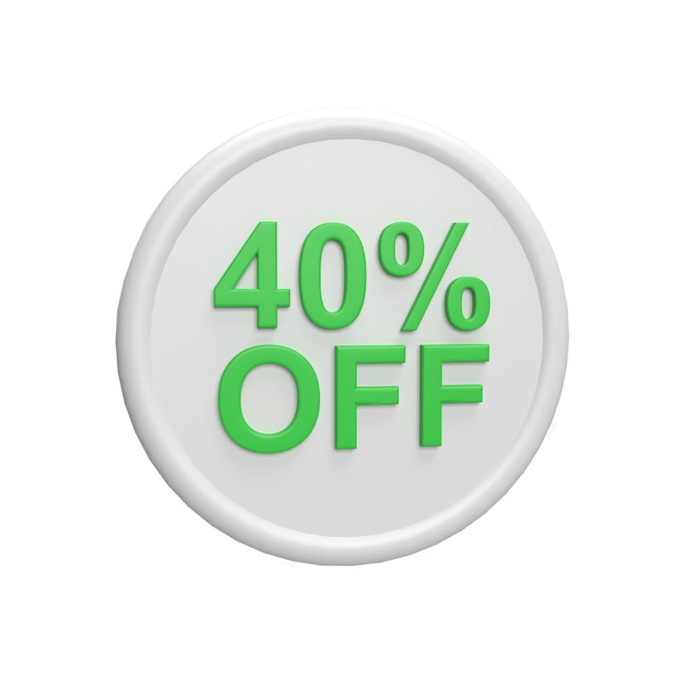 sconto 40 percento distintivo 3d icona modello cartone animato concetto di stile. rendere l'illustrazione png