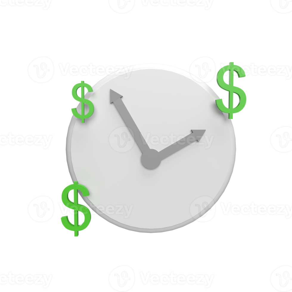 Clock with Money 3d icon model cartoon style concept. render illustration png