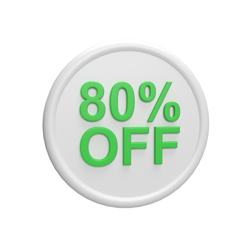 Discount 80 percent badge 3d icon model cartoon style concept. render illustration png