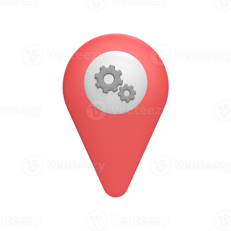 3D pin map with Gear icon. Rendered illustration png