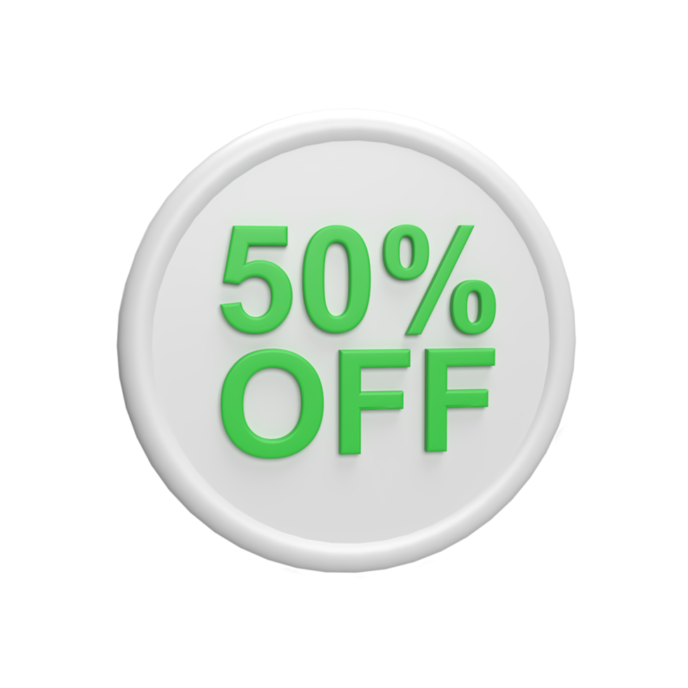 sconto 50 per cento distintivo 3d icona modello cartone animato stile concetto. rendere l'illustrazione png