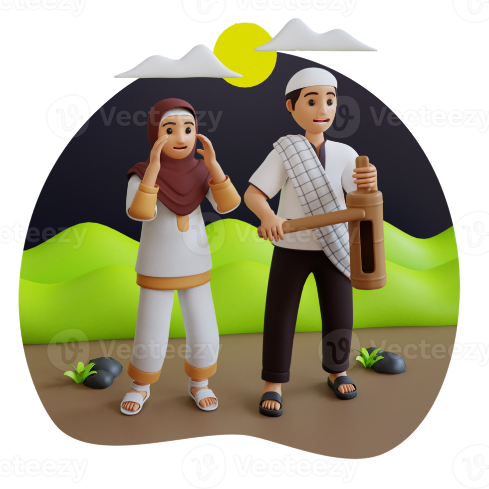 3d render muslim boy and girl celebrating ramadan sahur png