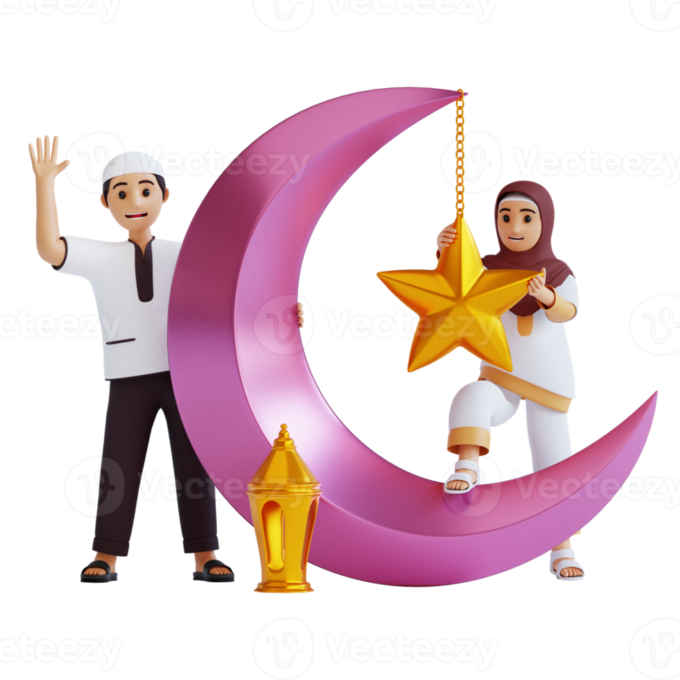 3d render muslim boy and girl on crescent moon png