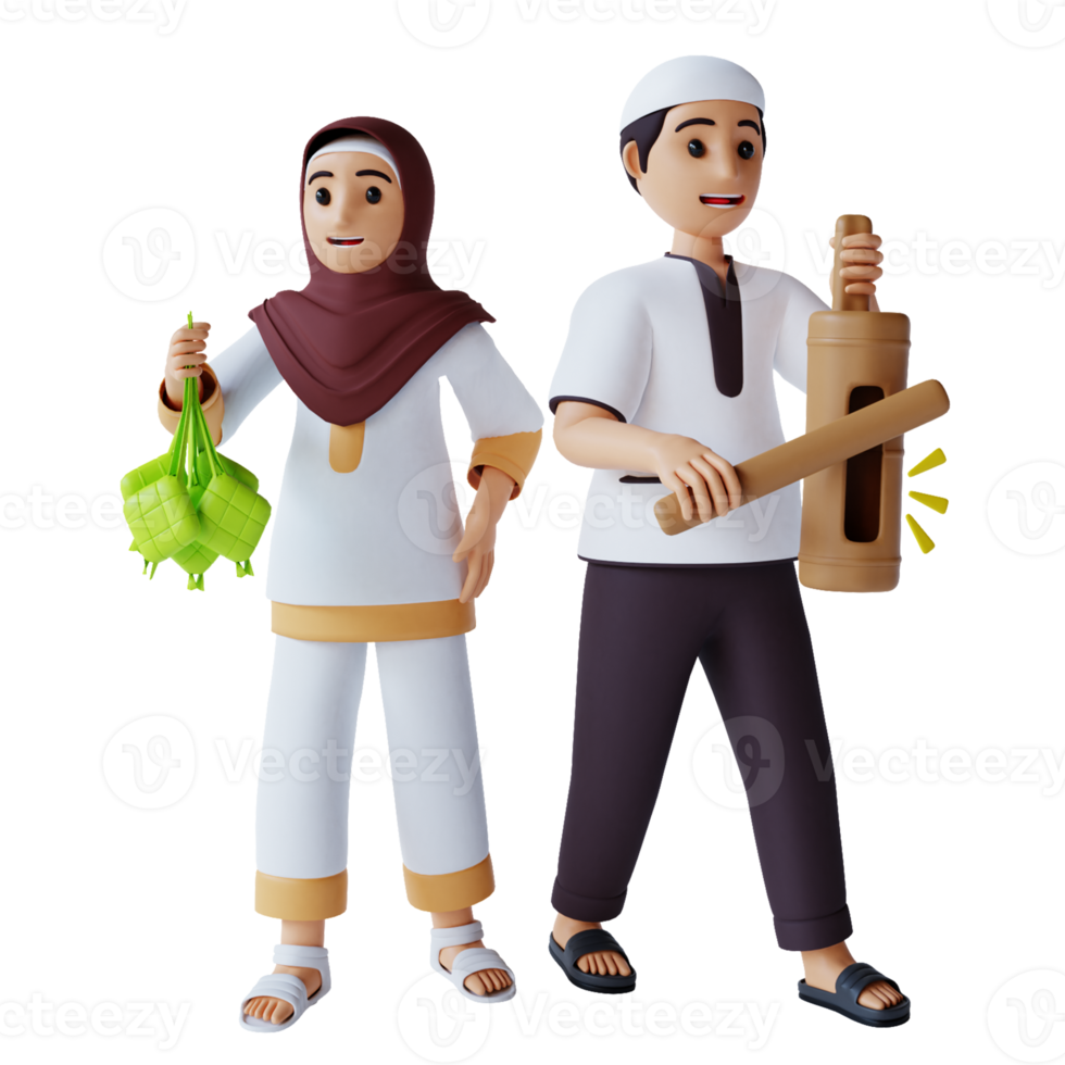 3d render muslim boy and girl celebrating eid mubarak png