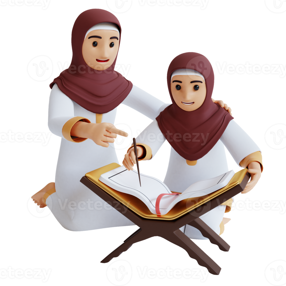 3d render niña y mamá leyendo al quran png