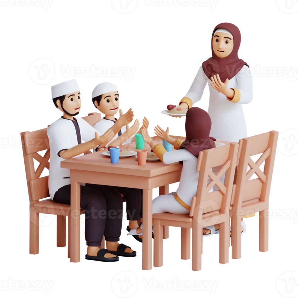 3d render muslim family fasting doing sahur or iftar party eating food png