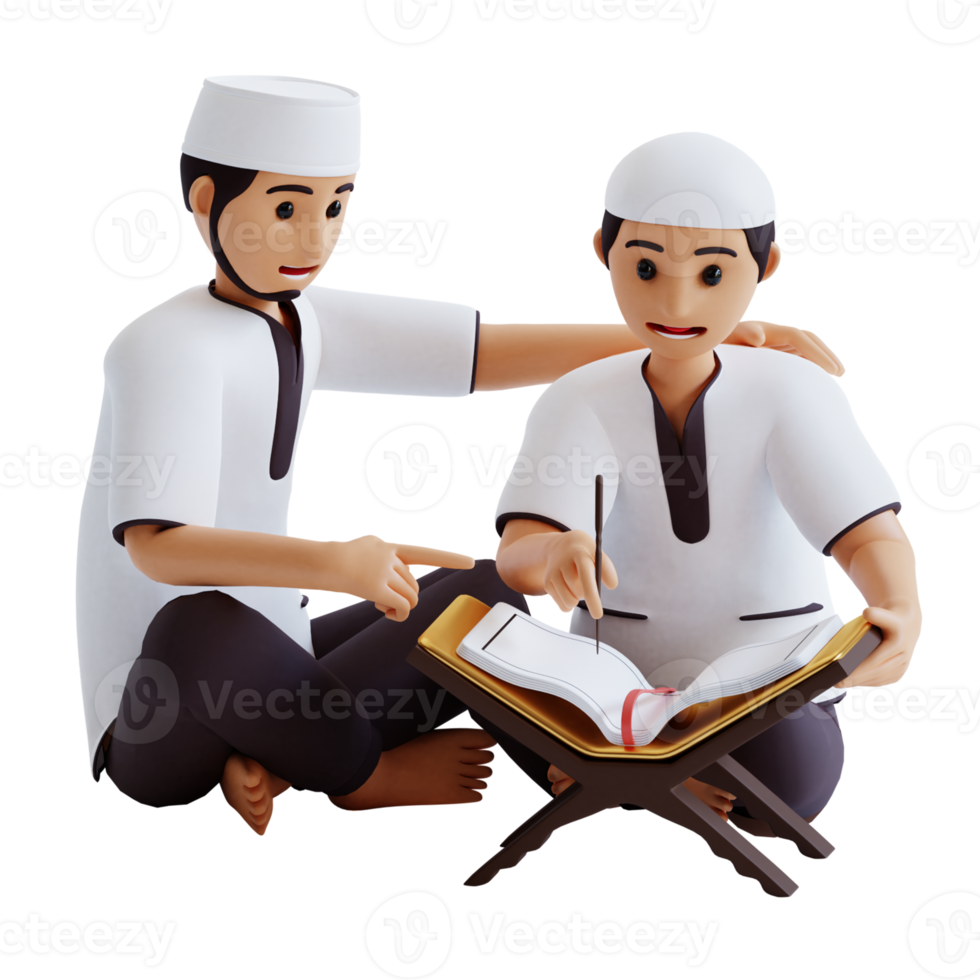 3d render man and boy reading Al Quran png