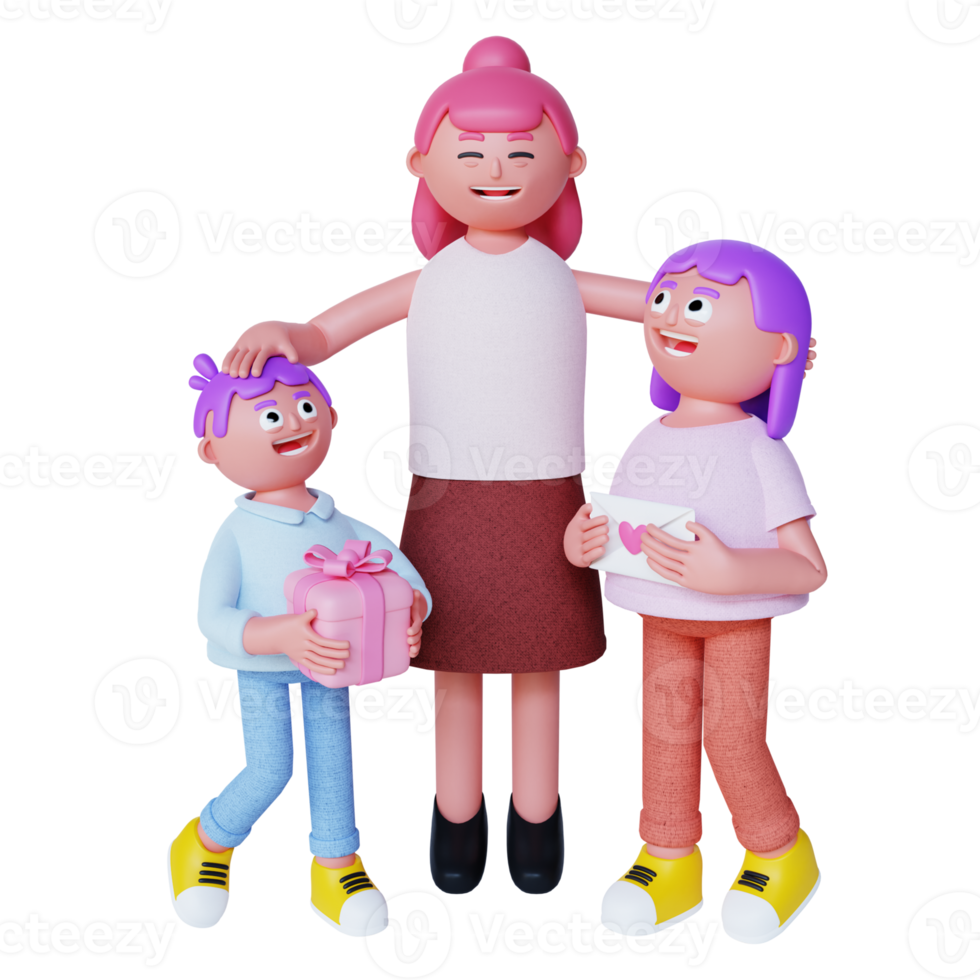 3d render son and girl give present gift to mother day png