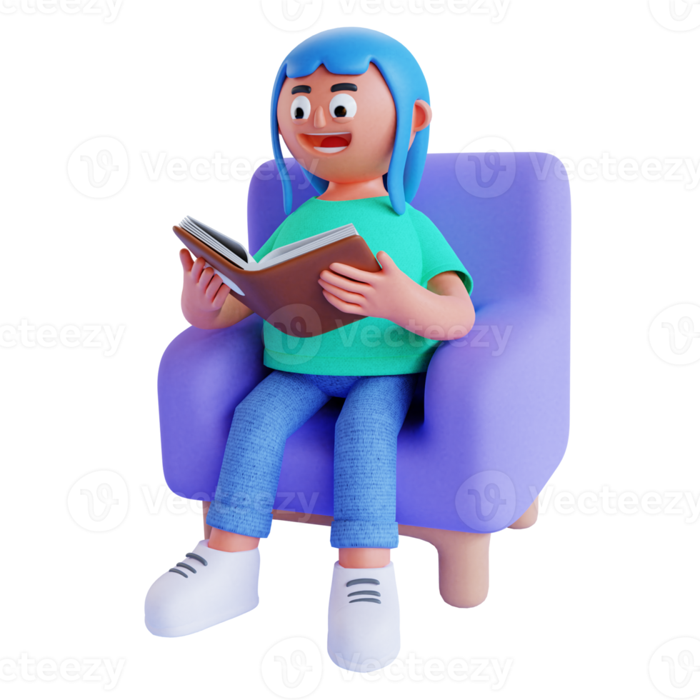 3d render chica sentada en el sofá y leyendo un libro png