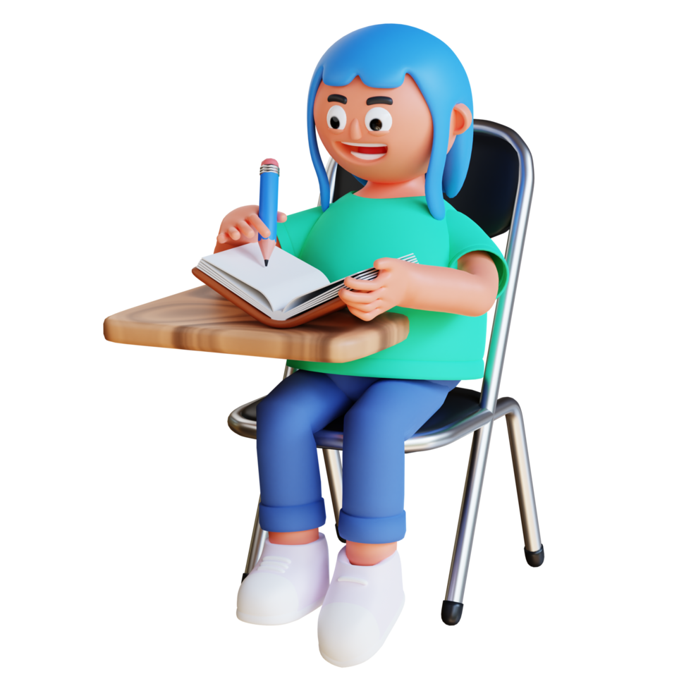 3D Render linda chica escribiendo en el libro y sentarse en la silla png