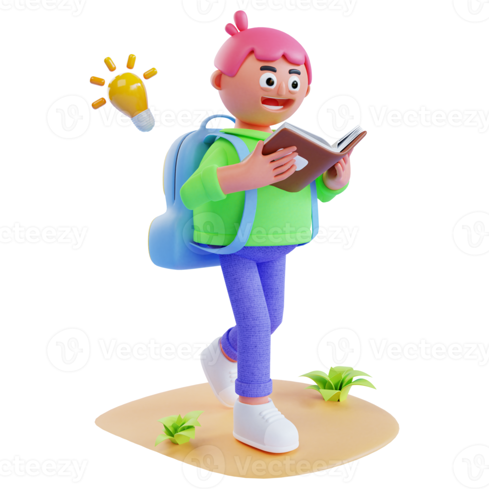 3d render cute kids running with reading book png