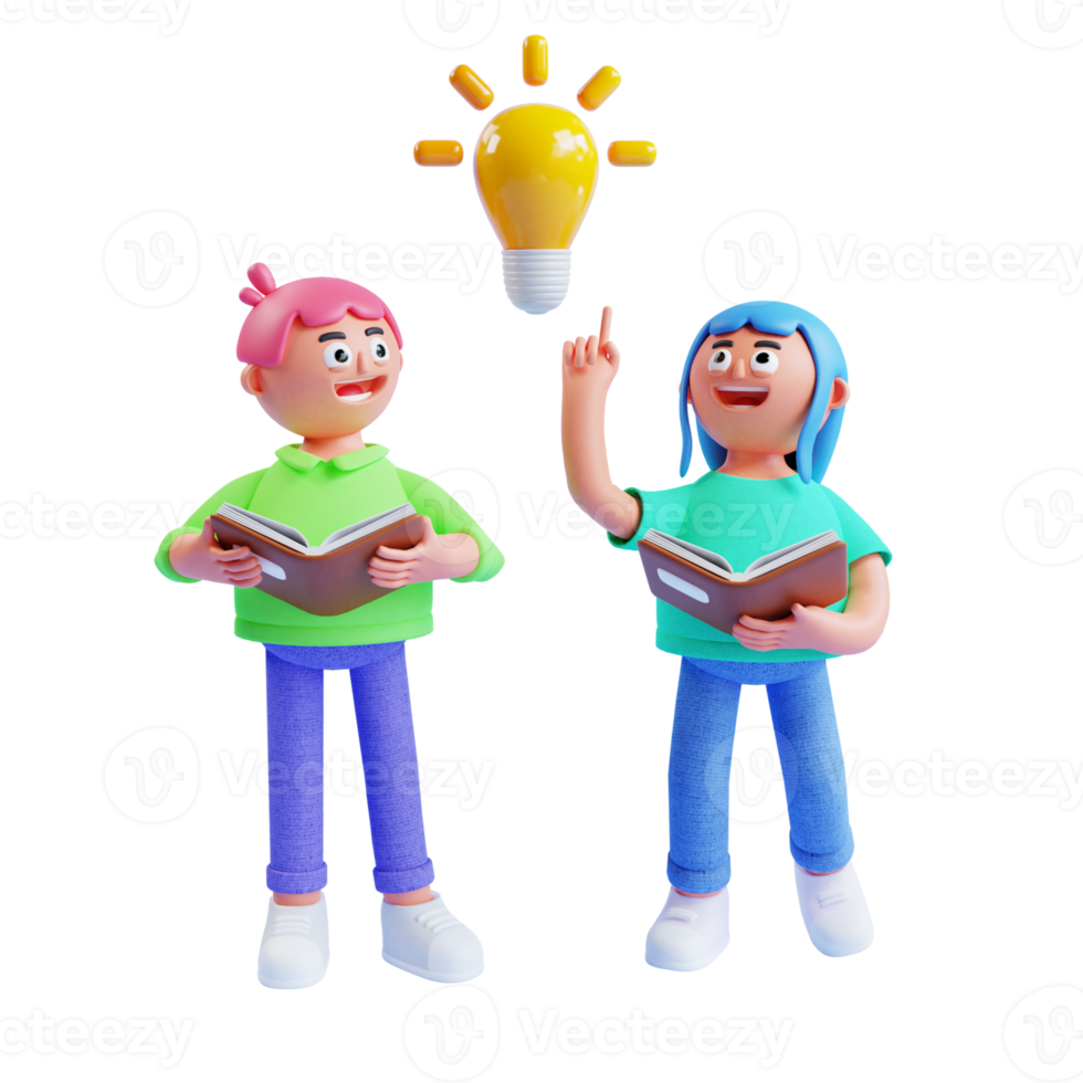 3D-Render Junge und Mädchen mit Buch mit Lichtideenlampe png