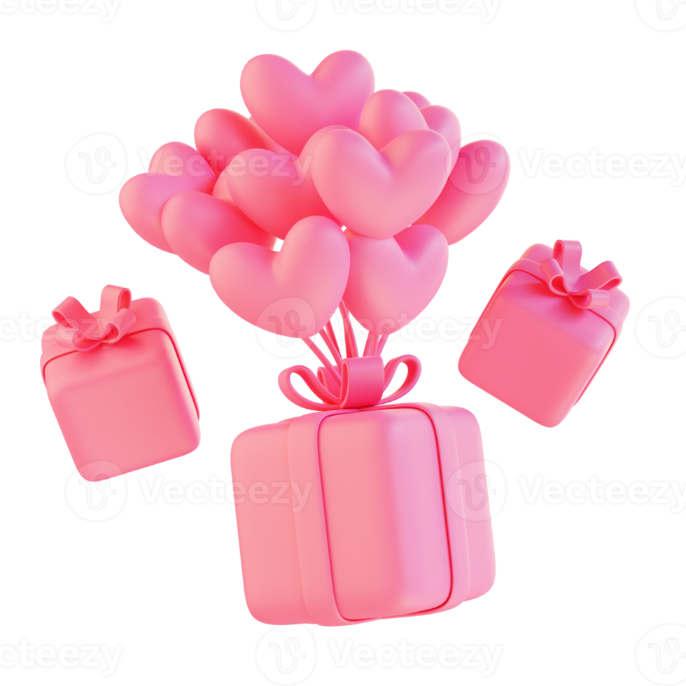 3d render pink gift floating with love ballon png