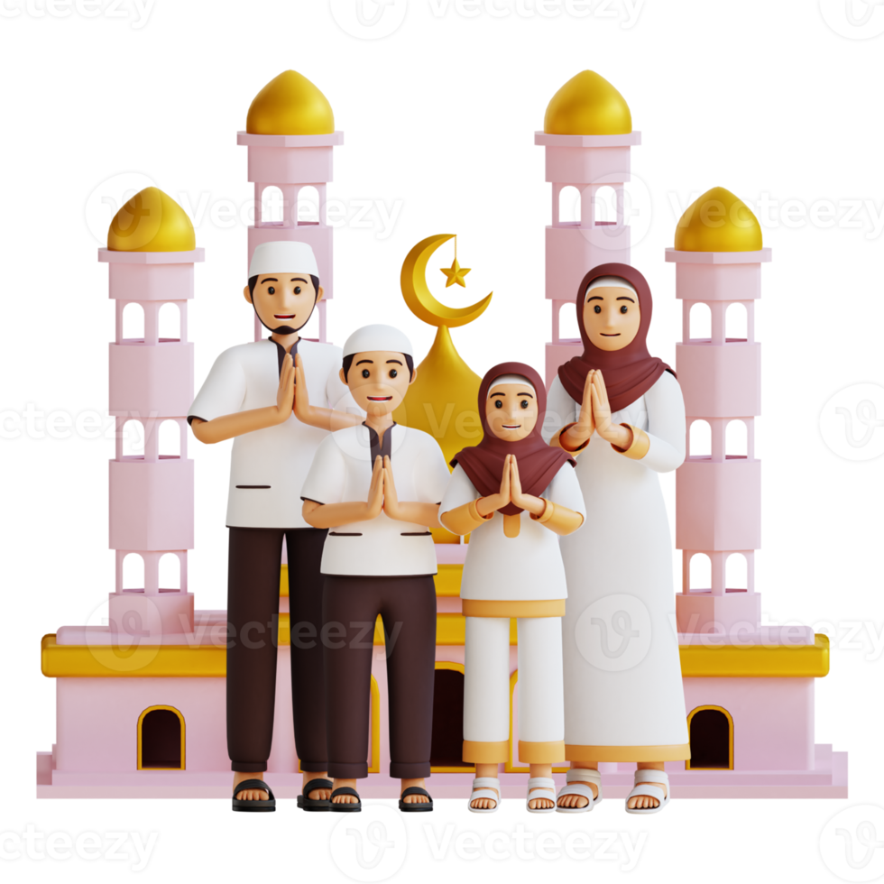 3d render eid mubarak com família muçulmana namaste pose frontal mesquita png