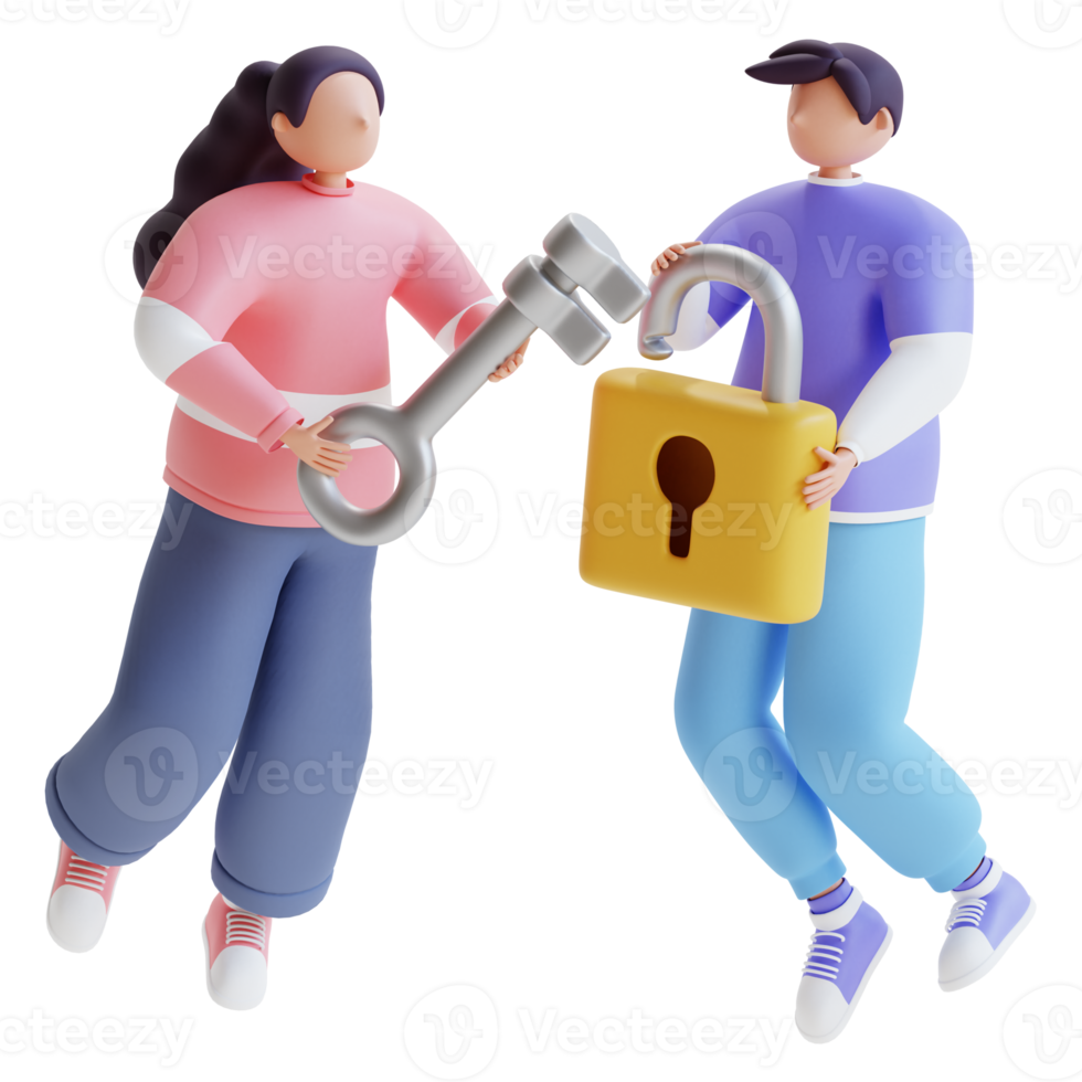 3d render man and women carrying padlock with key png