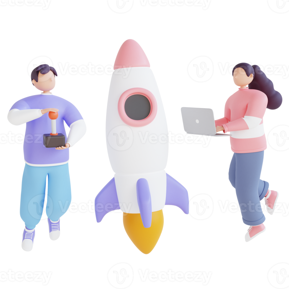 3d render illustration rocket lauch startup with character png