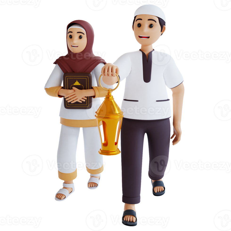 3d render muslim boy and girl celebrating welcoming ramadan png