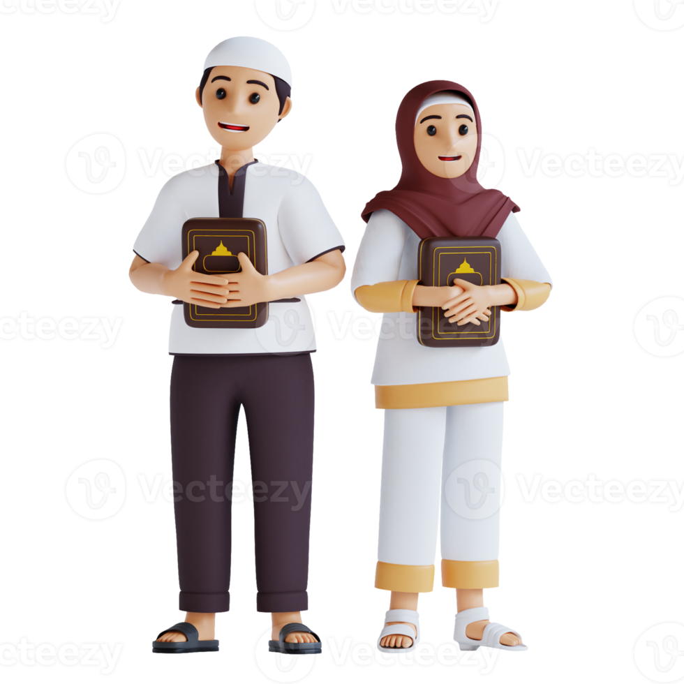 3d renderização de menino e menina muçulmanos estão carregando al quran png