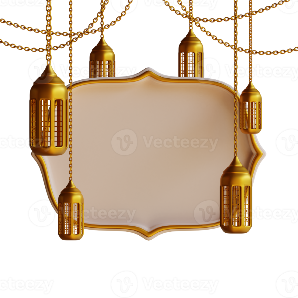 3d render gold lantern and frame png