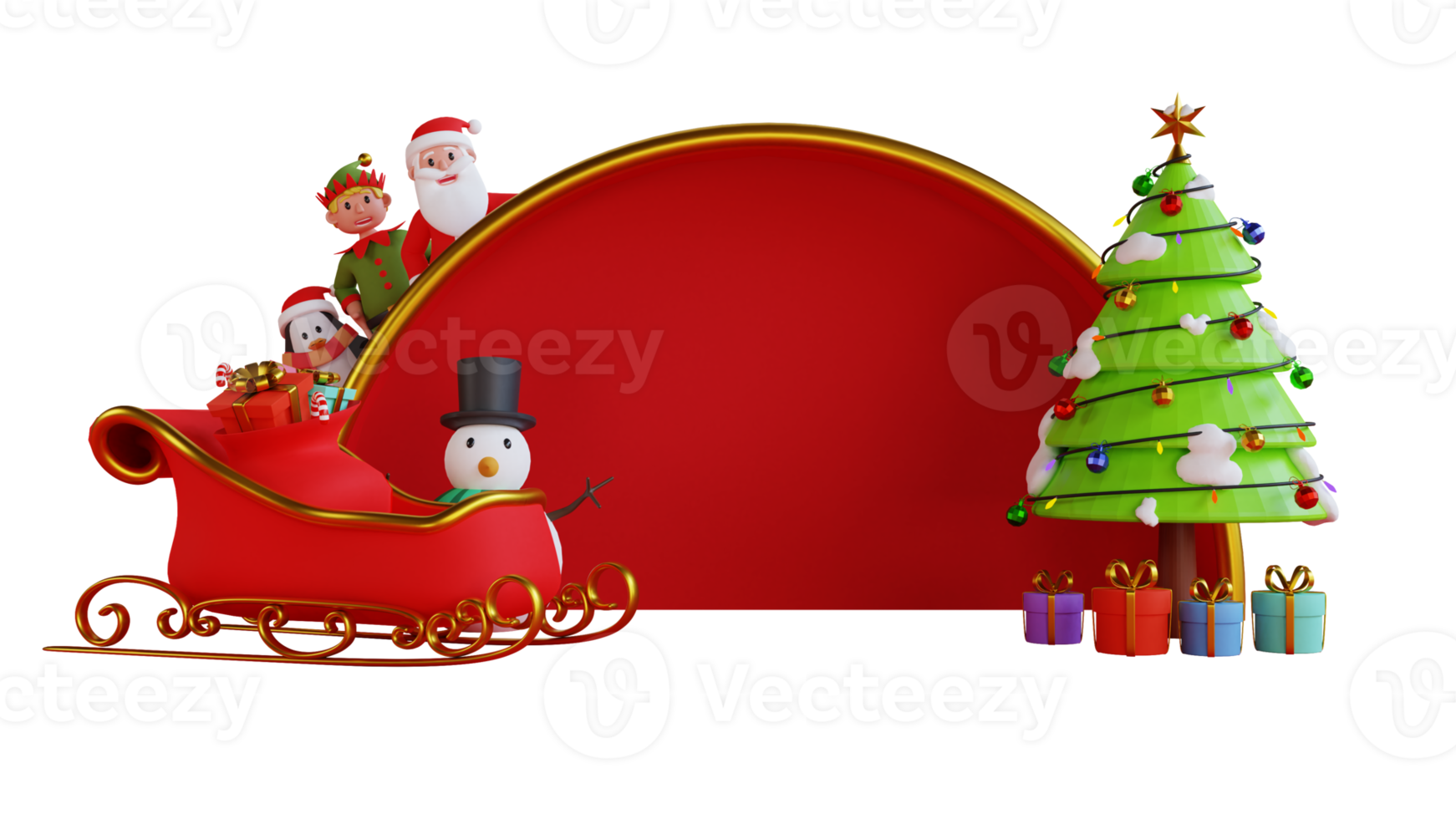 3d render christmas frame with santa and friends png