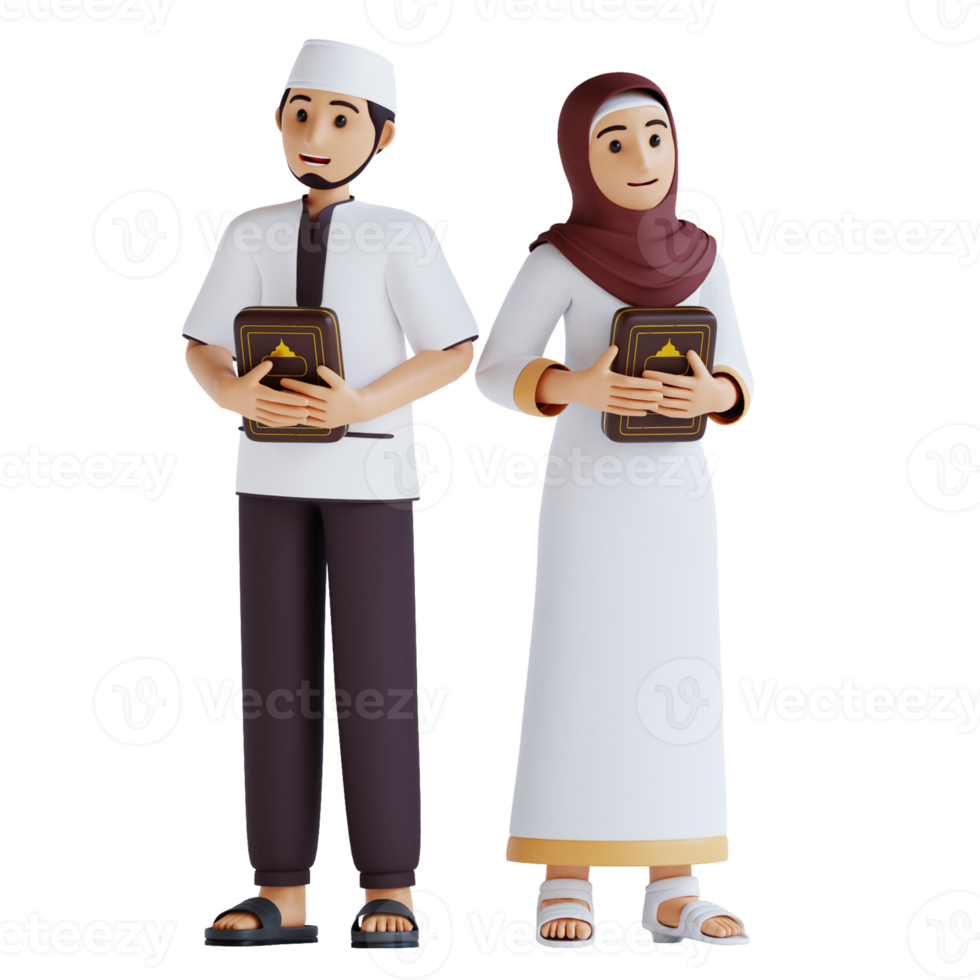 3d render musulmanes hombres y mujeres se paran llevando al quran png